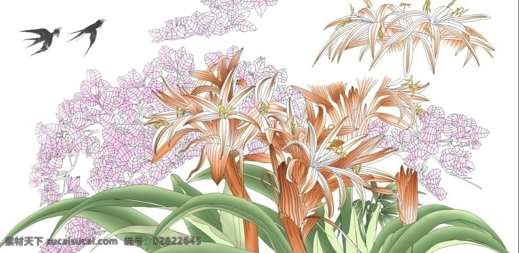 中国画花鸟 中国画 燕子 漂亮花朵 ps 绘制 分层 图 源文件