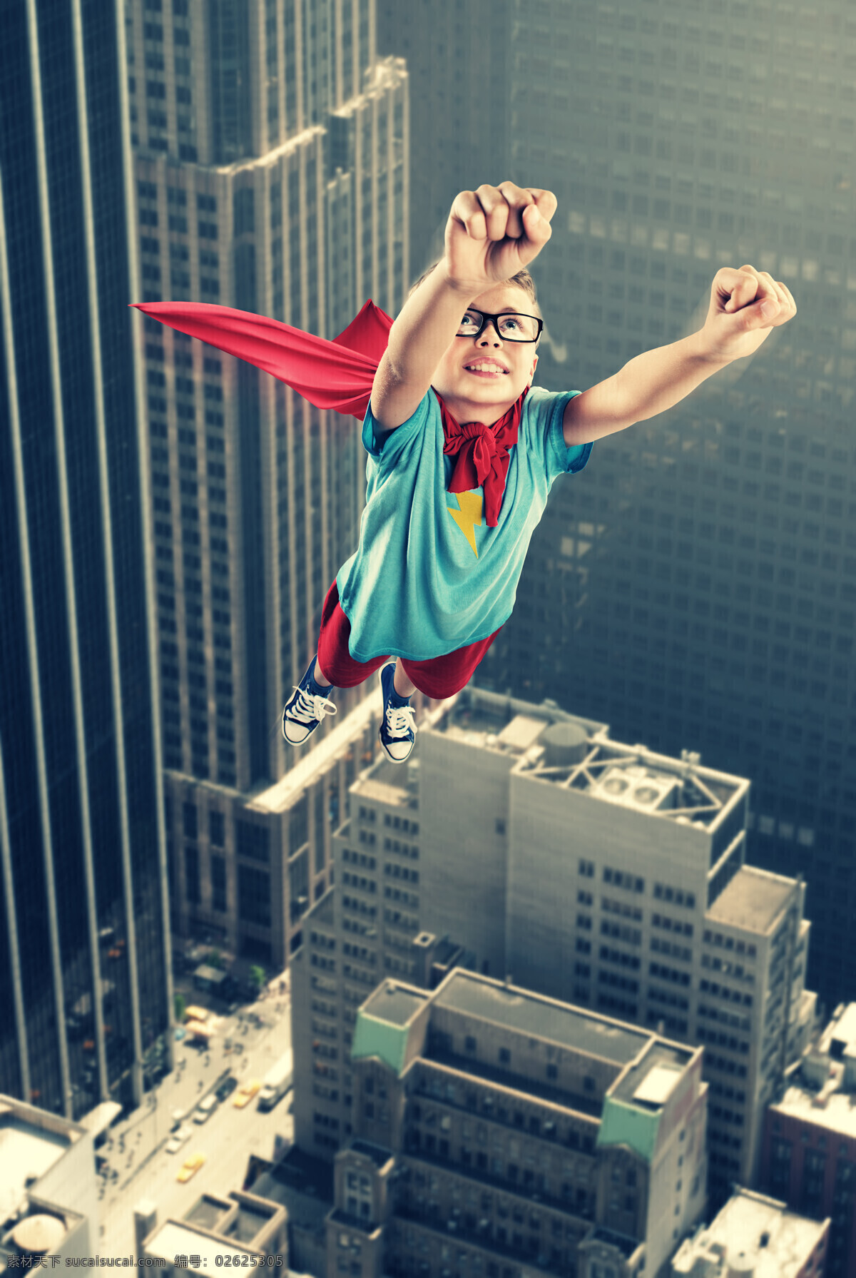 飞翔 超人 儿童 飞翔的超人 高楼大厦 戴眼镜的超人 小英雄 超级英雄 外国男孩 小男孩 儿童超人 披风 儿童图片 人物图片