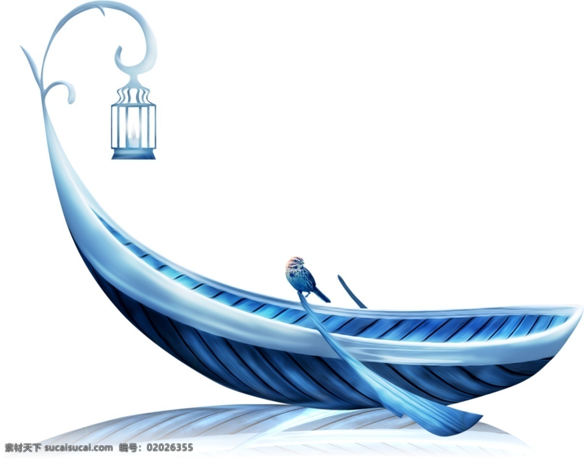 小船 蓝色 意境 插画 装饰 艺术 png格式