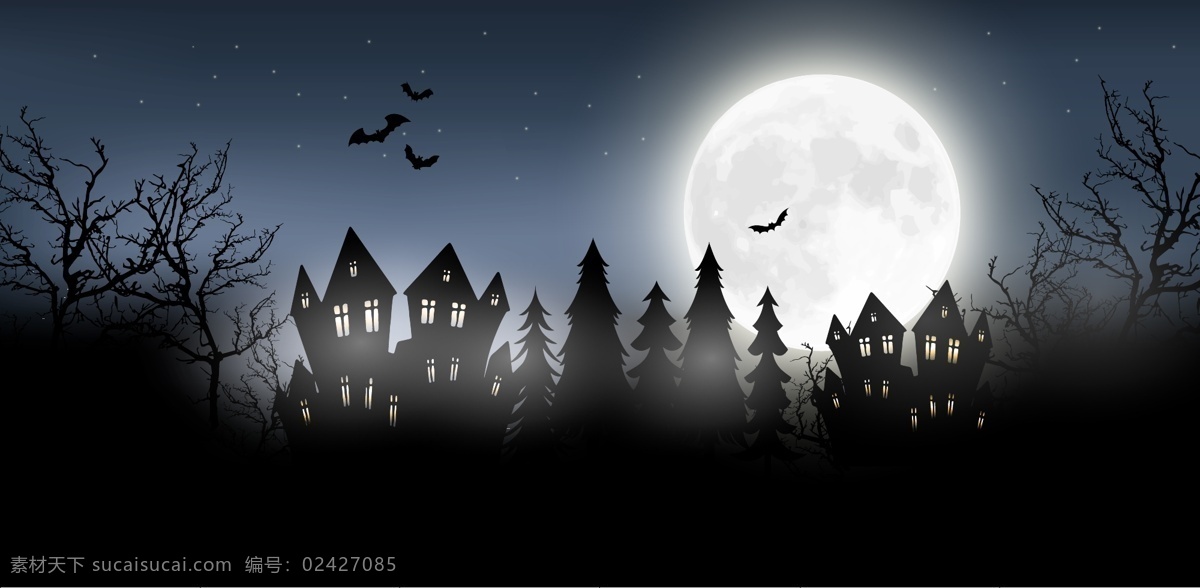 万圣节背景 夜晚 城堡 古堡 万圣节 月亮 月光 蝙蝠 黑色 灰色 阴森 恐怖
