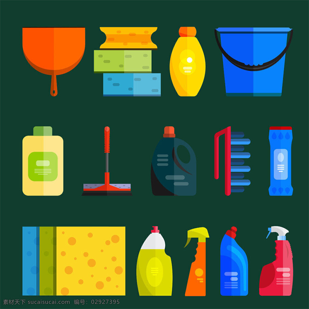 卡通 清洁用品 清洁卫生 水桶 海棉 打扫卫生 清洁剂 线条图标 刷子 生活百科 矢量素材
