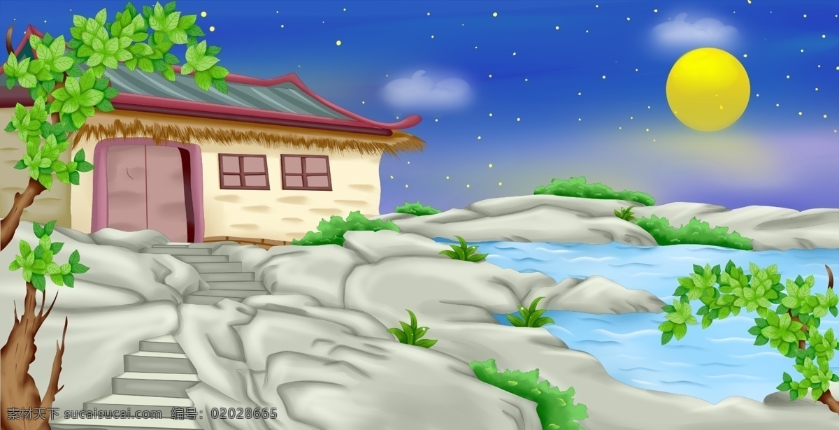 手绘 星空 下 建筑物 背景 月亮 树木 背景素材 广告背景 石阶