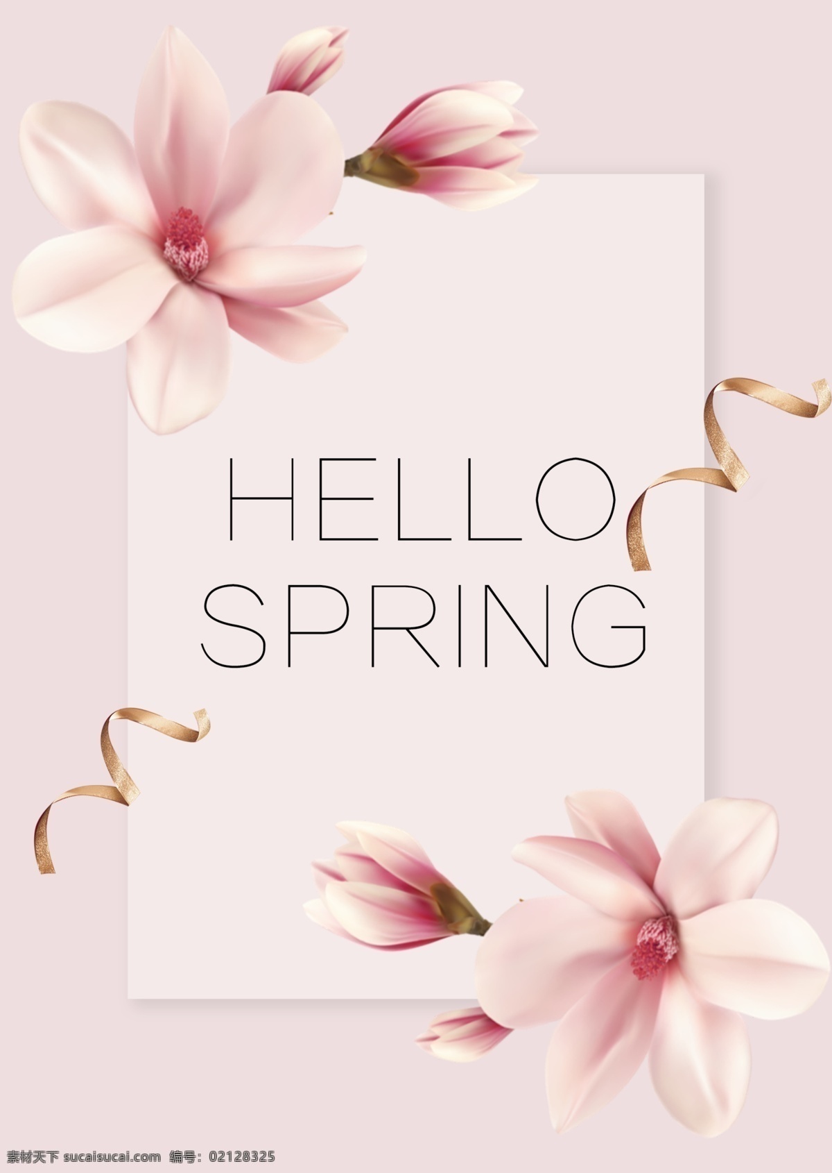 粉色 简约 玉兰花 丝带 春季 促销 海报 鲜花 春日 春天