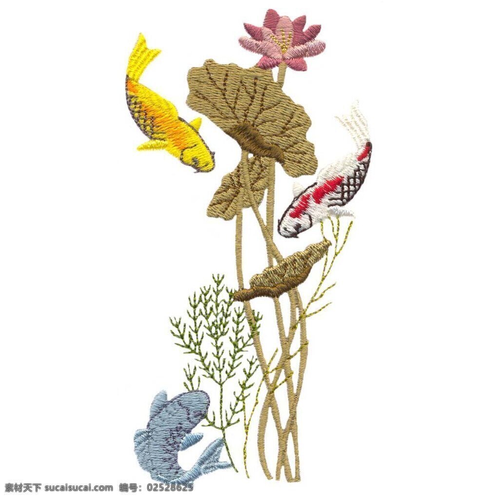 绣花 动物 鱼 植物 草 免费素材 面料图库 服装图案 白色