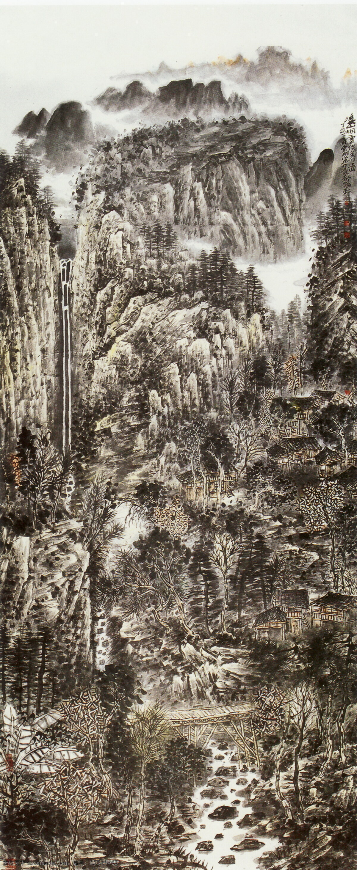 自然风景 水墨画 木桥 名画 中国画 国画 装饰画 中堂画 壁画 绘画艺术 书画文字 文化艺术