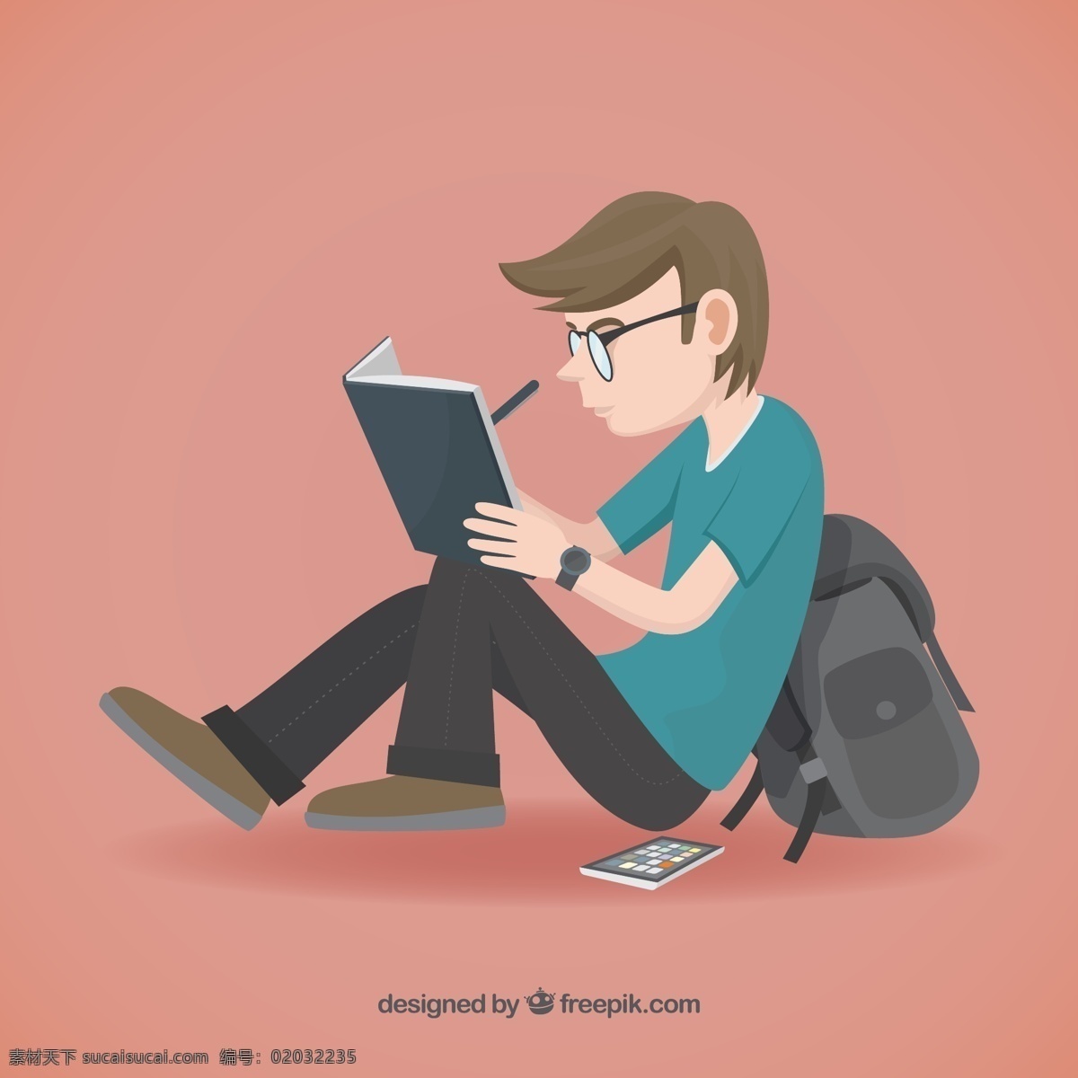 记 笔记 校园 男子 矢量 笔记本 书包 手机 人物 男生 记笔记 矢量图 粉色