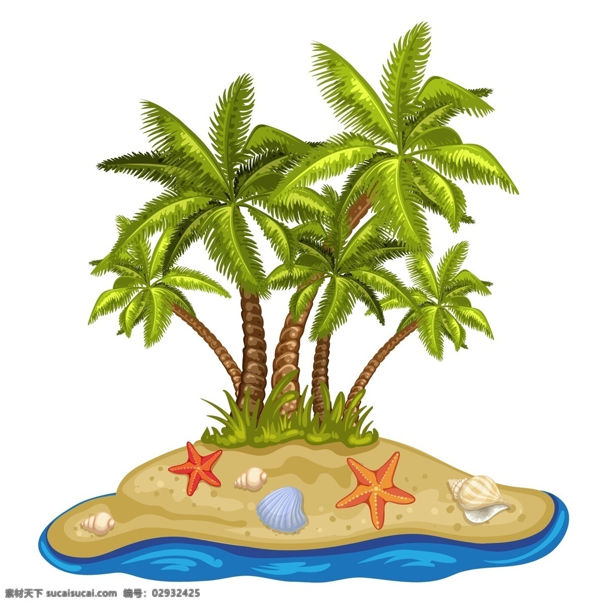 小岛 海洋 海滩 度假 背景 矢量 岛屿 海水 海星 卡通 手绘 夏天 沙滩 椰子树 高清 仿真 植物