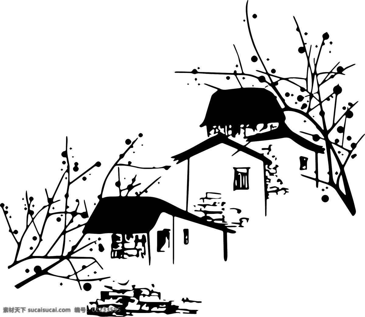 水墨房子图片 矢量水墨房子 黑色 矢量 水墨 房子图 ai格式 水墨风格 农家小院 自然景观 建筑园林