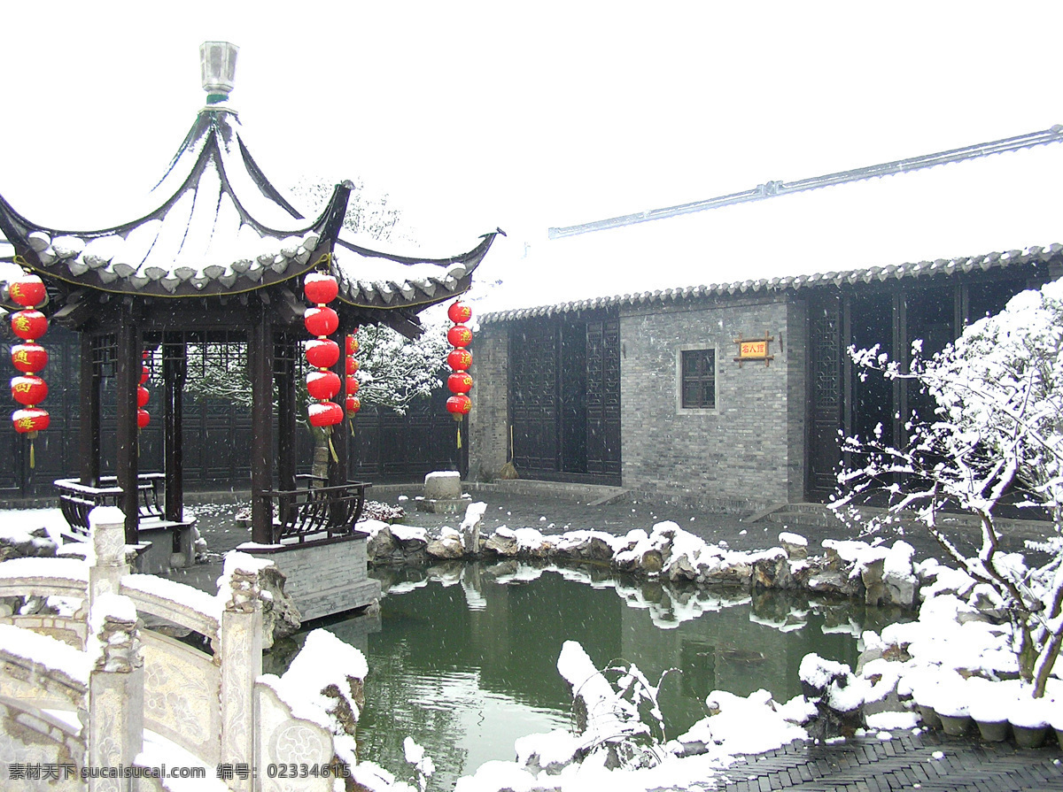 院士居 古亭 灯笼 雪 溱潼 古镇 旅游摄影 国内旅游 摄影图库