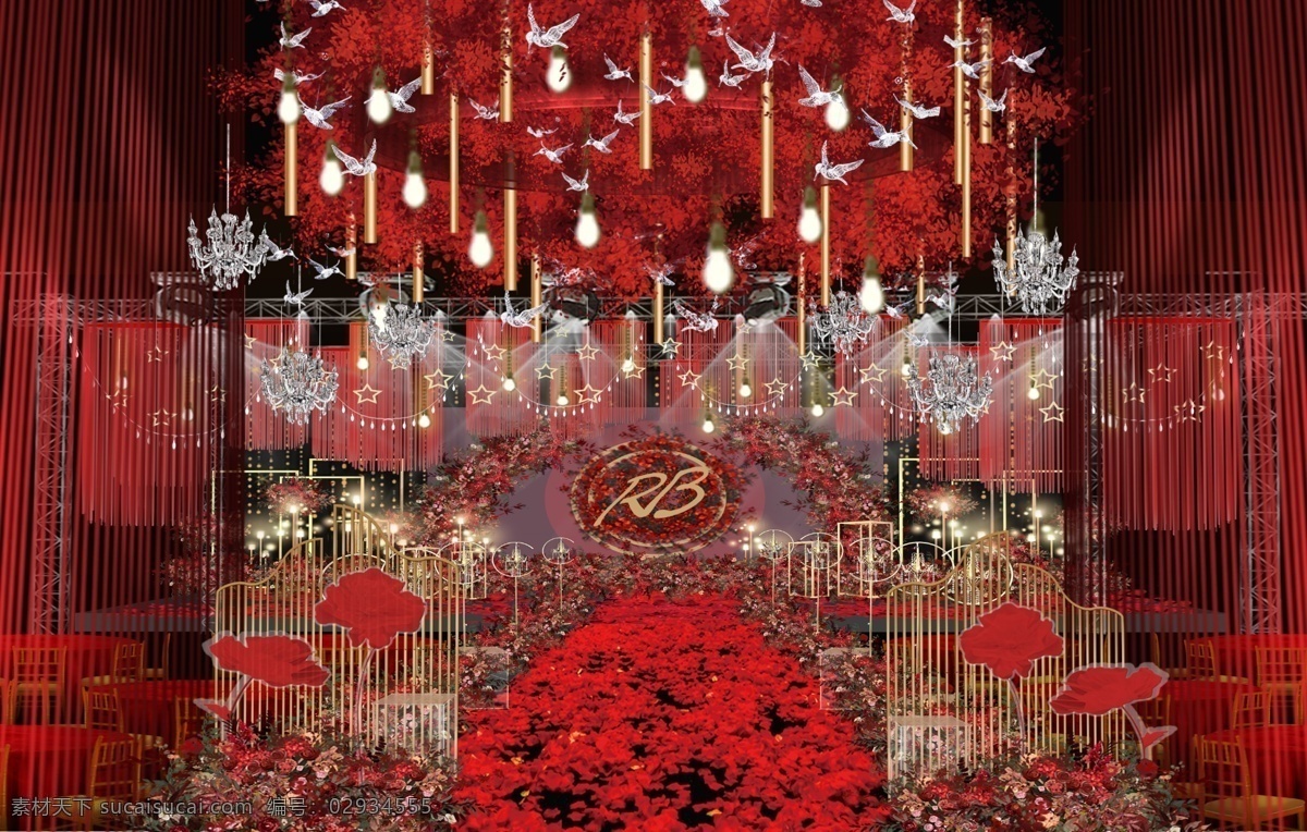 红色主题婚礼 红色 吊顶 线帘 水晶 飞鸟 分层