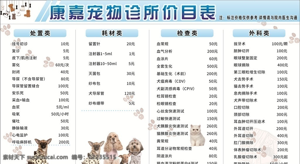 宠物 诊所 价目表 宠物诊所 价格 背景 海报 外科类 医生 蓝色 展板
