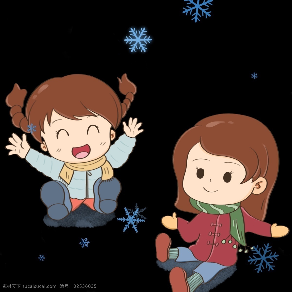 大雪 漫天 飞舞 小女 孩儿 开心 打雪仗 红色 围巾 黄色 蓝色 喜庆 两个 小女孩儿 靴子 棕色 坐在地上 欢欣鼓舞 过新年