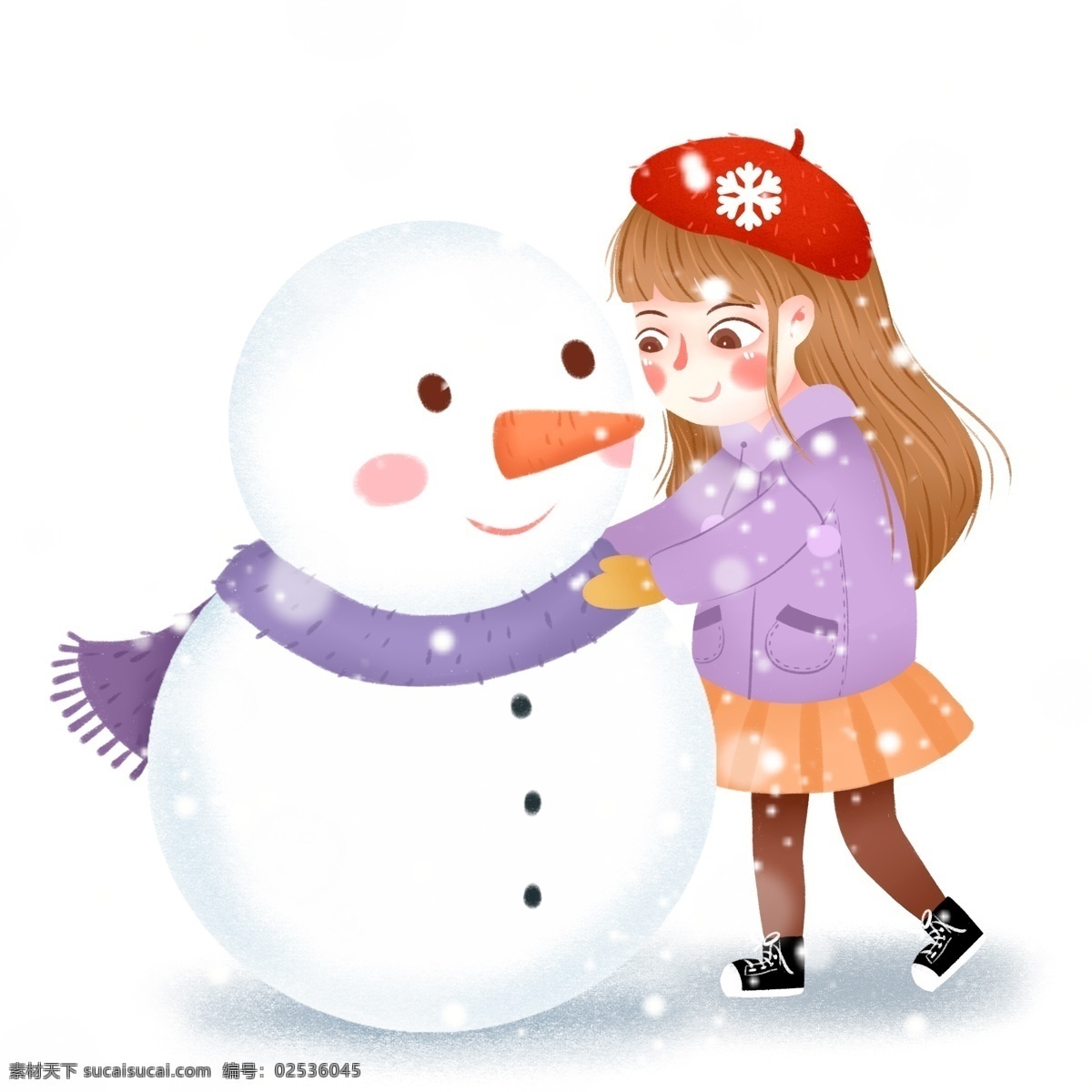 漫天 大雪 中 堆 雪人 女孩 清新 插画 手绘 堆雪人 儿童 唯美的