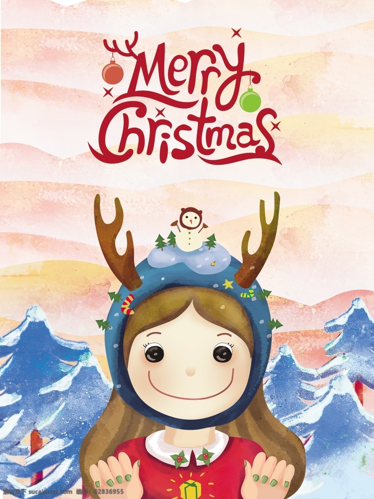 圣诞节 女孩 海报 节日素材 雪花 微笑 雪人 圣诞女孩 鹿角帽