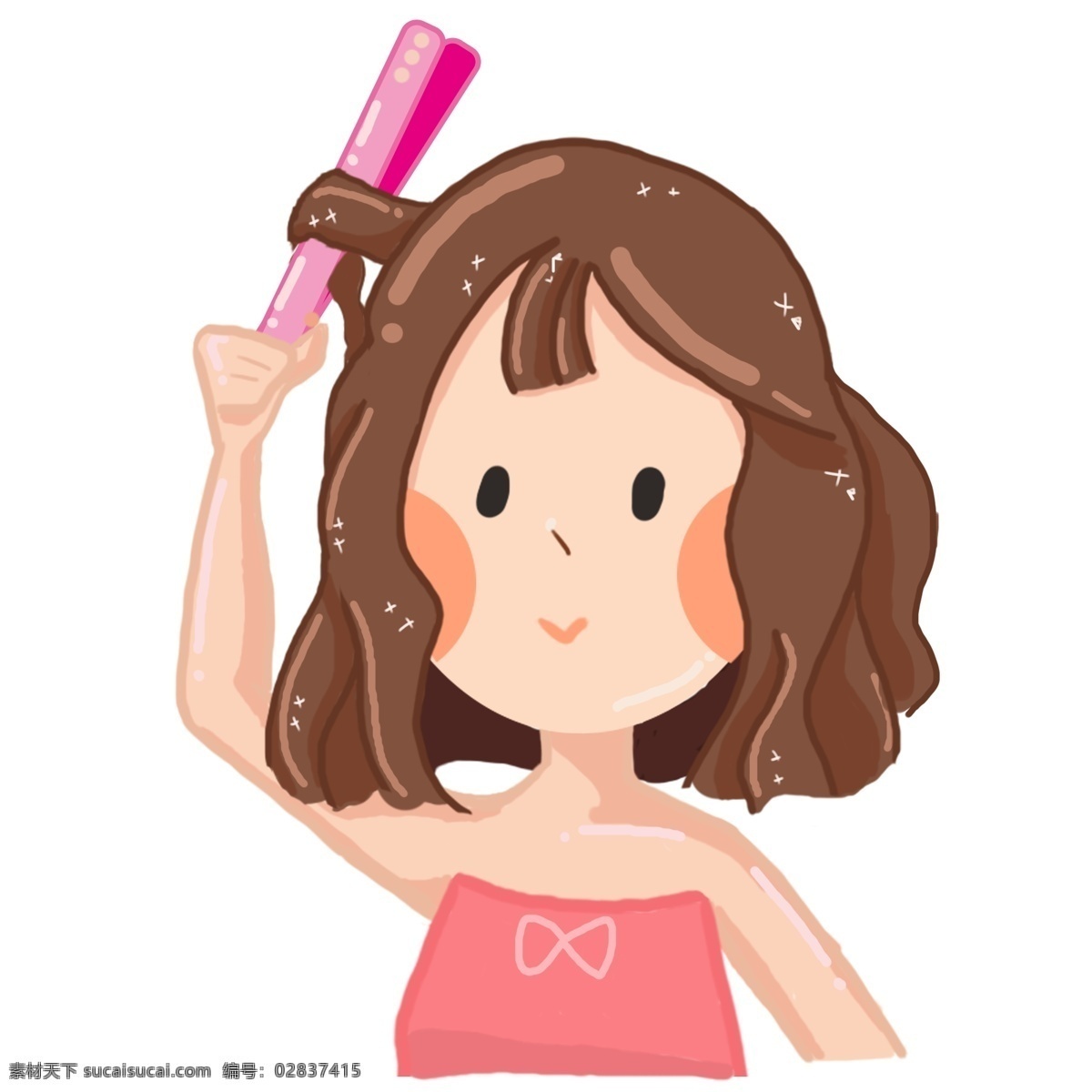 烫 头发 小女孩 插画 化妆 烫头发的女孩 粉色的烫发器 卡通人物 黄色的头发 粉色的蝴蝶结