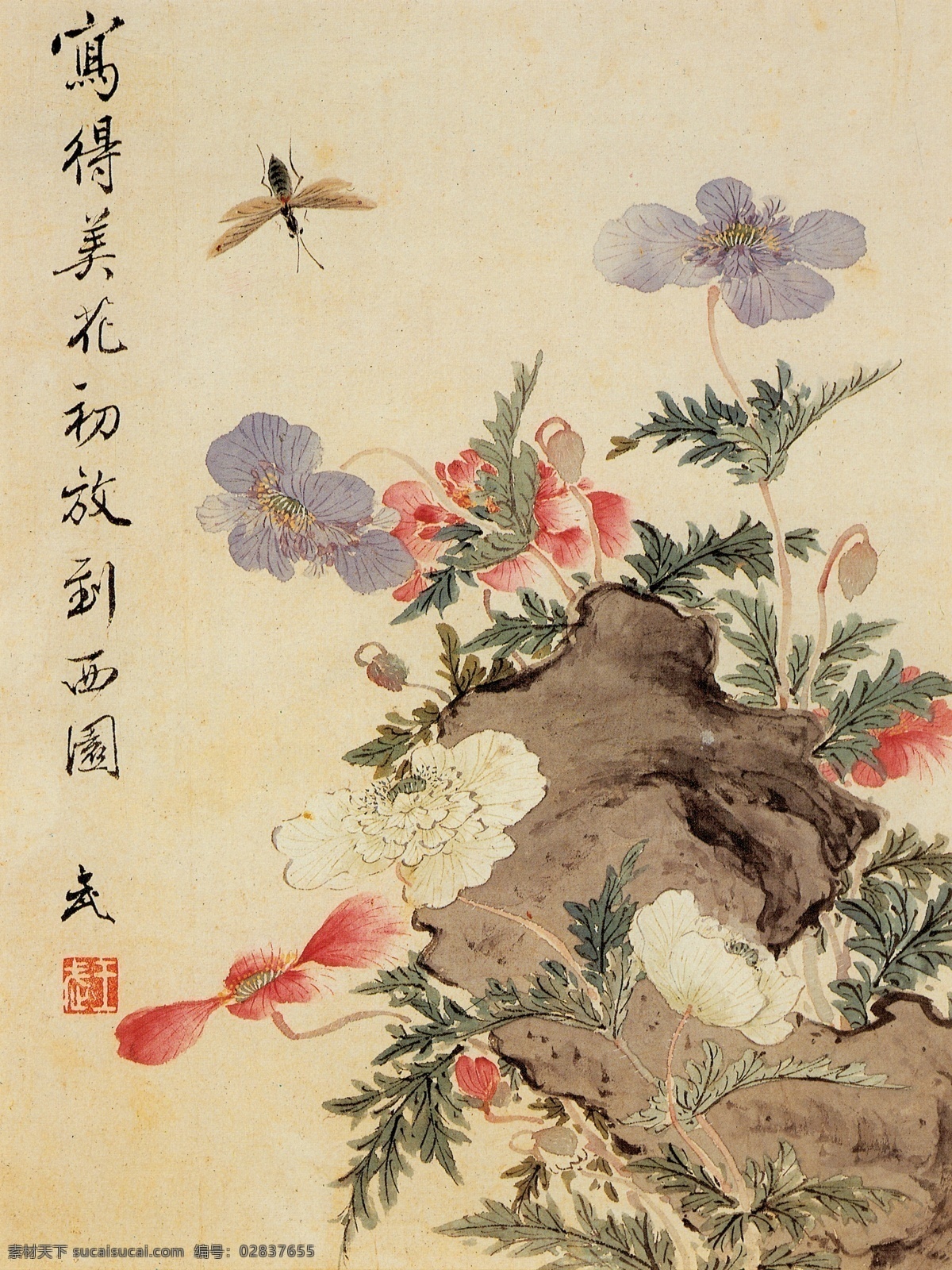 花卉 国画 蜜蜂 写意画 红花 白花 紫花 古风 文化艺术 绘画书法