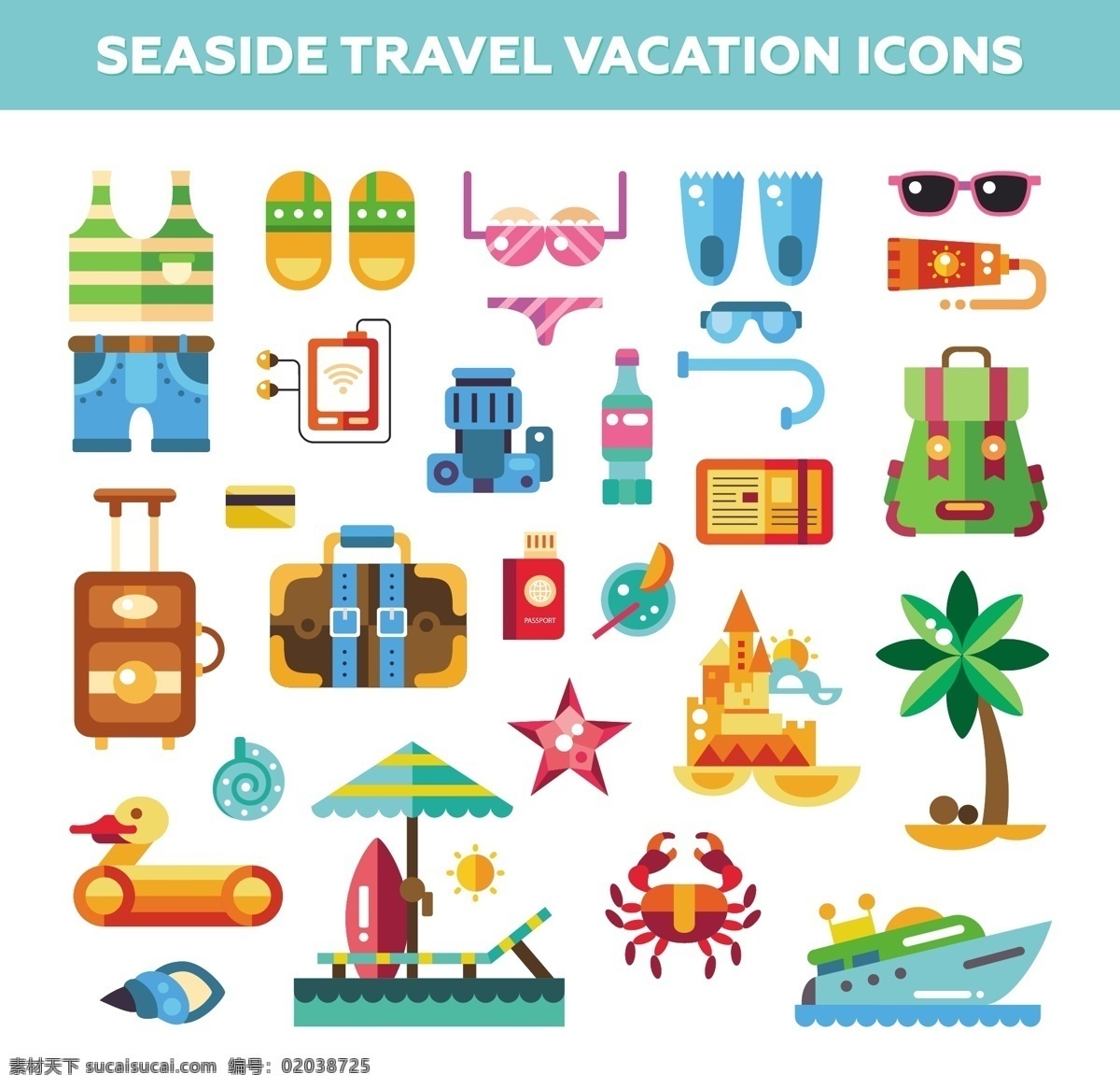 矢量 海边 旅游 假期 图标 插畫 拖鞋 比基尼 潛水 海星 螃蟹 行李箱 護照 相機