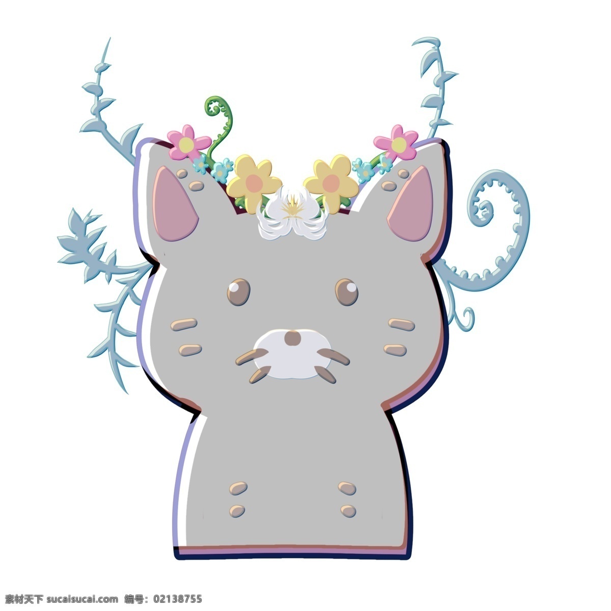 小猫 花环 装饰 插画 灰色的小猫 彩色的花环 小花花环 绿色的叶子 叶子花环 花环装饰 植物花环