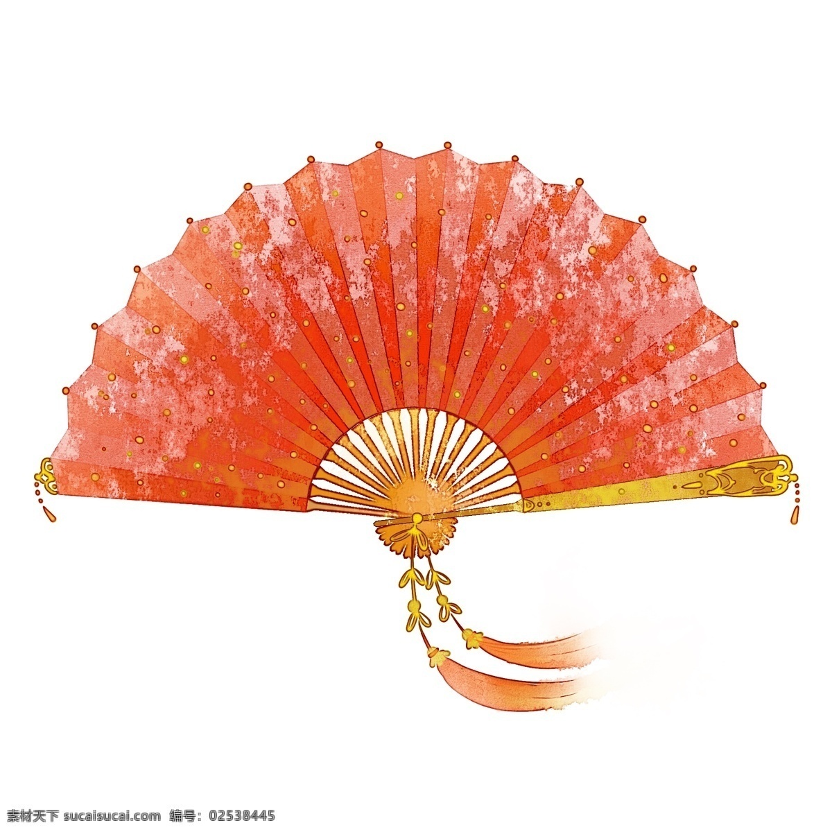 红纱 折扇 中式 风格 水墨 中式风格 国风 写意 墨意 古风 传统 古典 复古 典雅 红色 金色 金珠 流苏 华丽 奢华 富贵 手绘 插画 装饰 免扣png