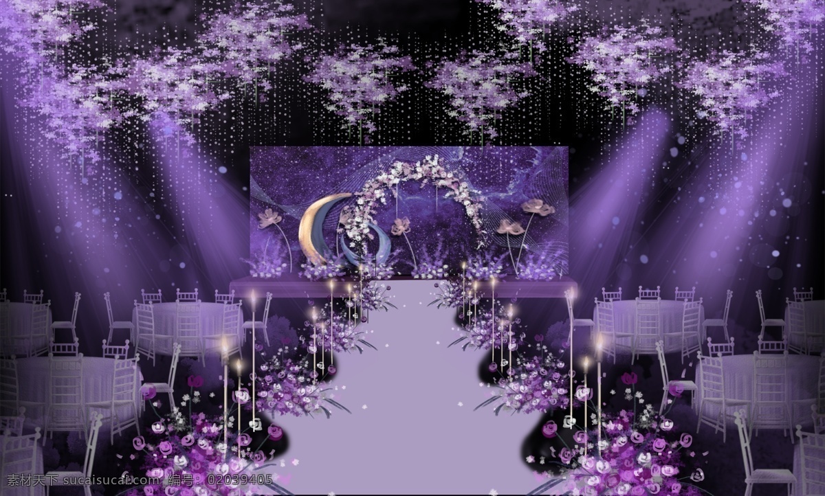 紫色 浪漫婚礼 效果图 月亮 星光 发光 浪漫 花环