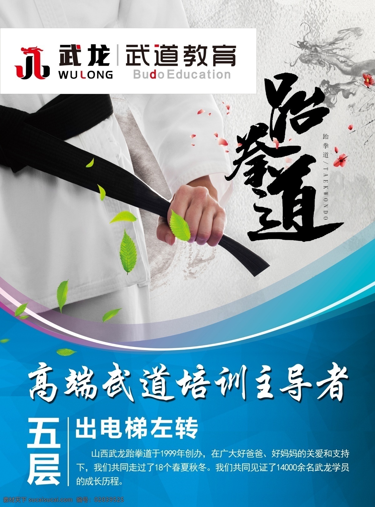 跆拳道 海报 武龙 毛笔字 蓝色 分层