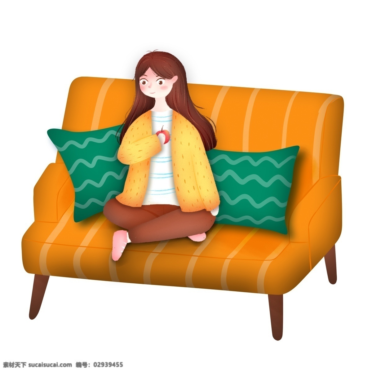 手绘 卡通 女孩 坐在 沙发 上原 创 元素 黄色 绿色 抱枕 原创元素 设计元素