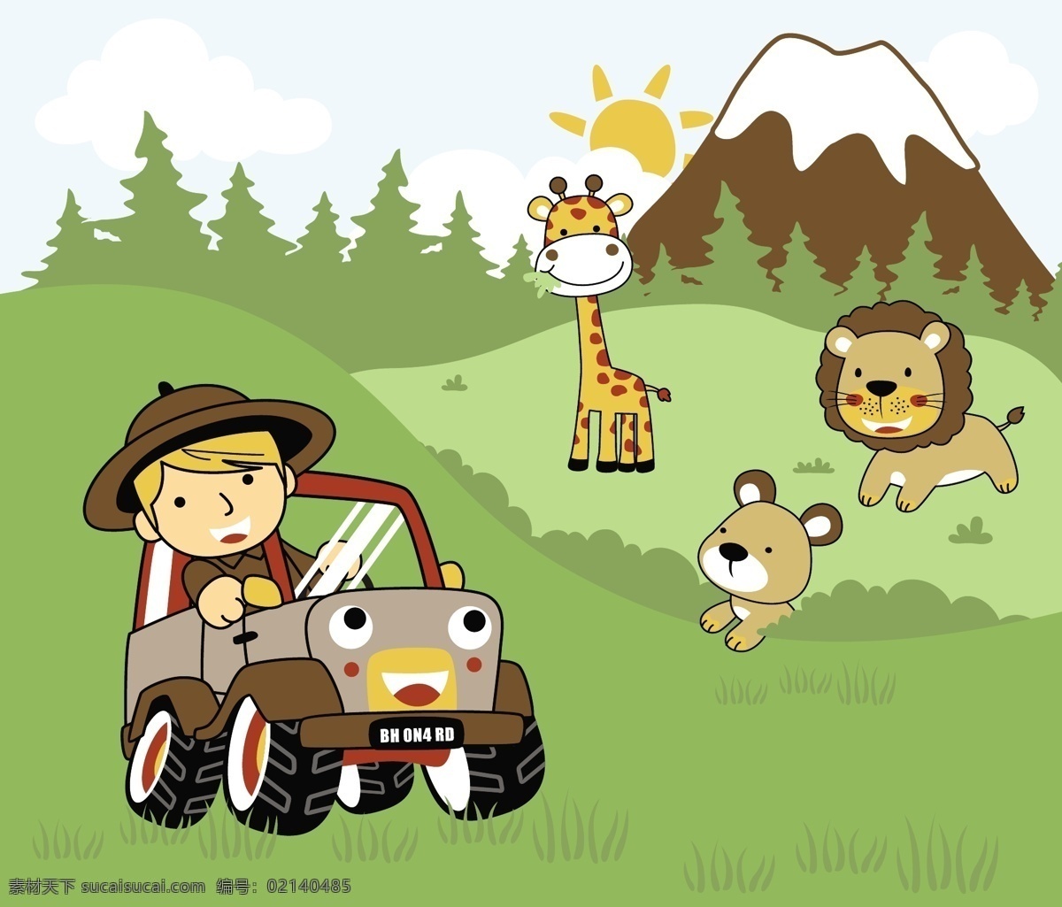 可爱 自驾游 动物园 儿童 插画 草地 长颈鹿 狮子 太阳 儿童插画 褐色汽车 小男孩 高山
