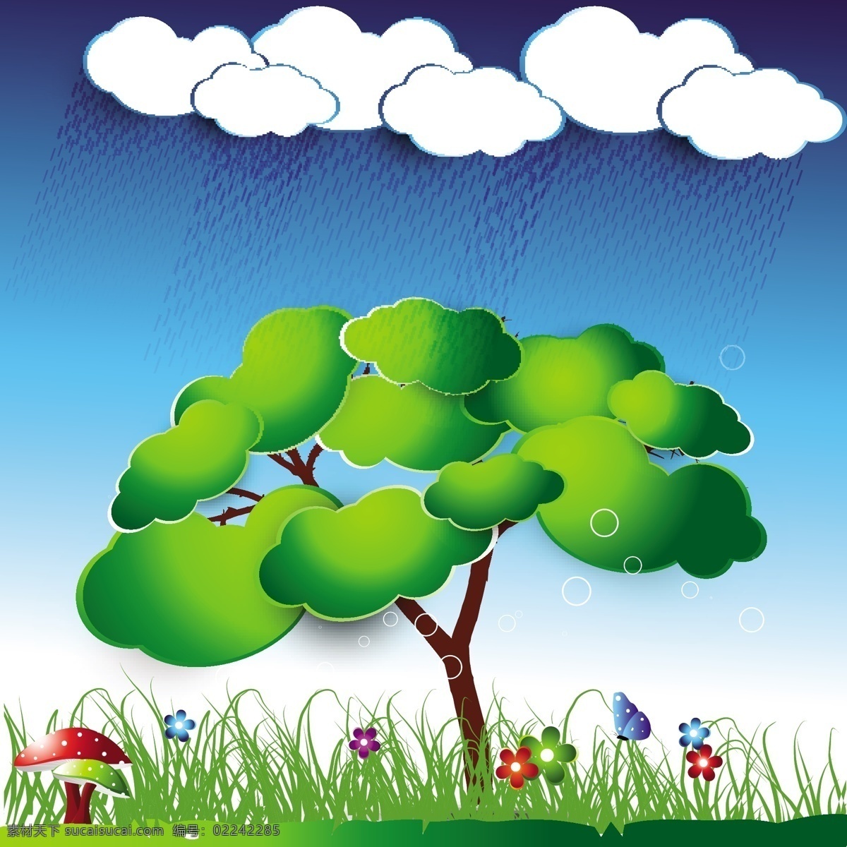 可爱 的卡 通 矢量 好孩子 儿童 漫画 蘑菇 草 道路 好的 蝴蝶 花 矢量素材 树 雨 孩子们的漫画 梯度 云 湛蓝的天空 自然