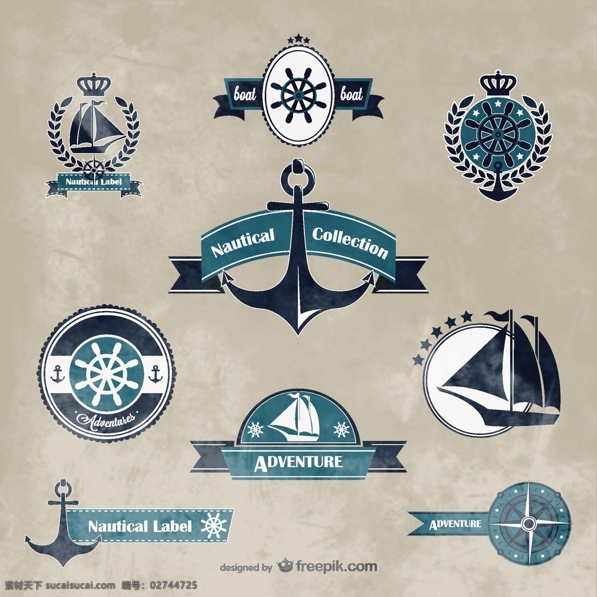 航海标志集合 复古 标签 夏天 旅行 海 模板 垃圾 图形 布局 船 船锚 平面设计 航海 海洋元素 灰色