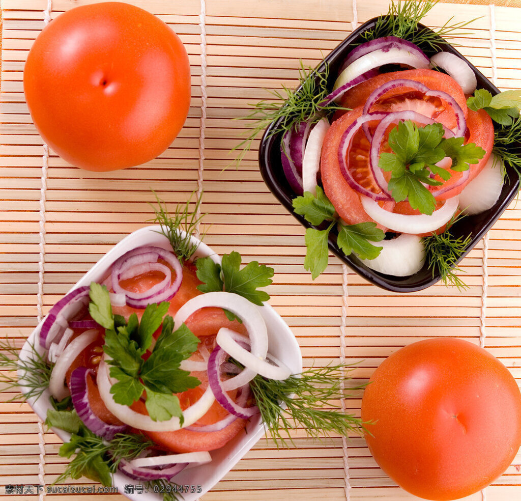 番茄沙拉 番茄 蔬菜 蔬果 茄红素 叶子 维生素 纤维 洋葱 沙拉 香叶 竹帘 西餐美食 餐饮美食