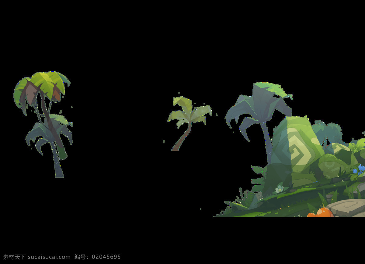 卡通 绿树 石头 元素 游戏场景 透明元素 绿色 夏天 png元素 免抠元素