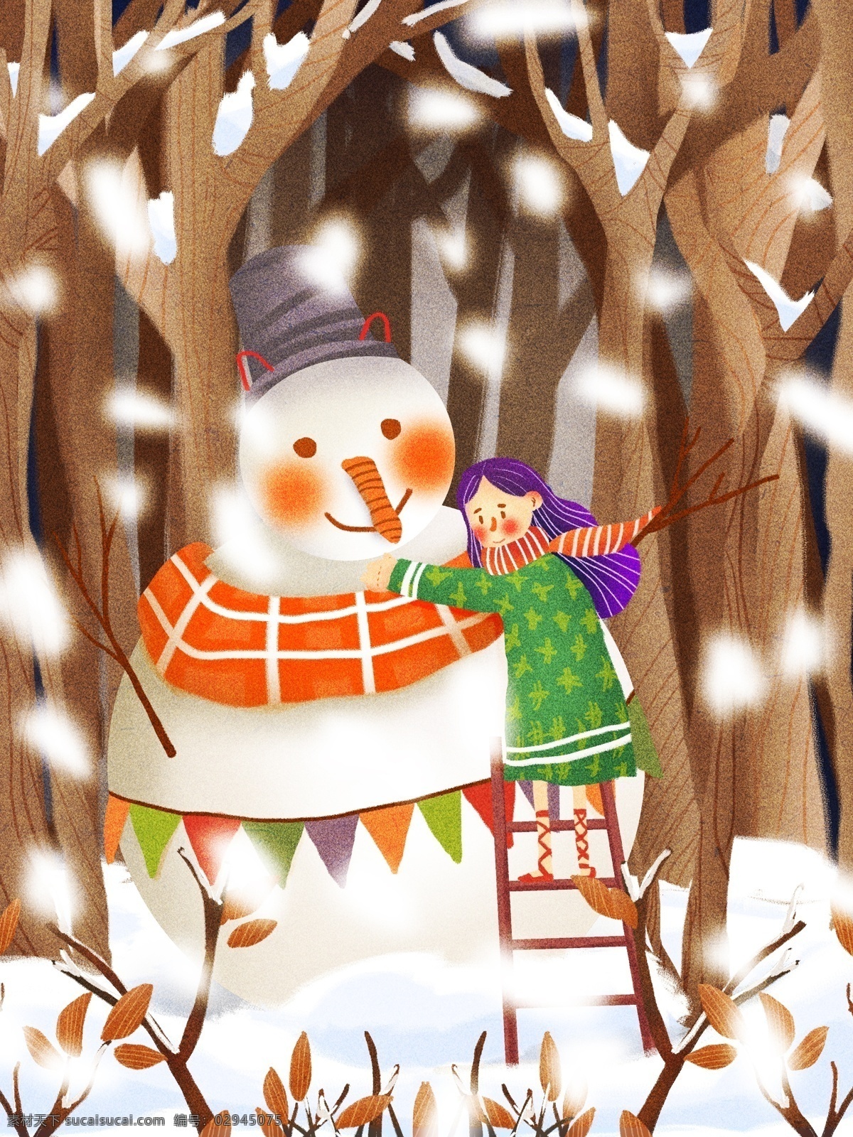 月 你好 少女 堆 雪人 围巾 树林 下雪 飘 雪 森林 植物 12月你好 堆雪人 飘雪