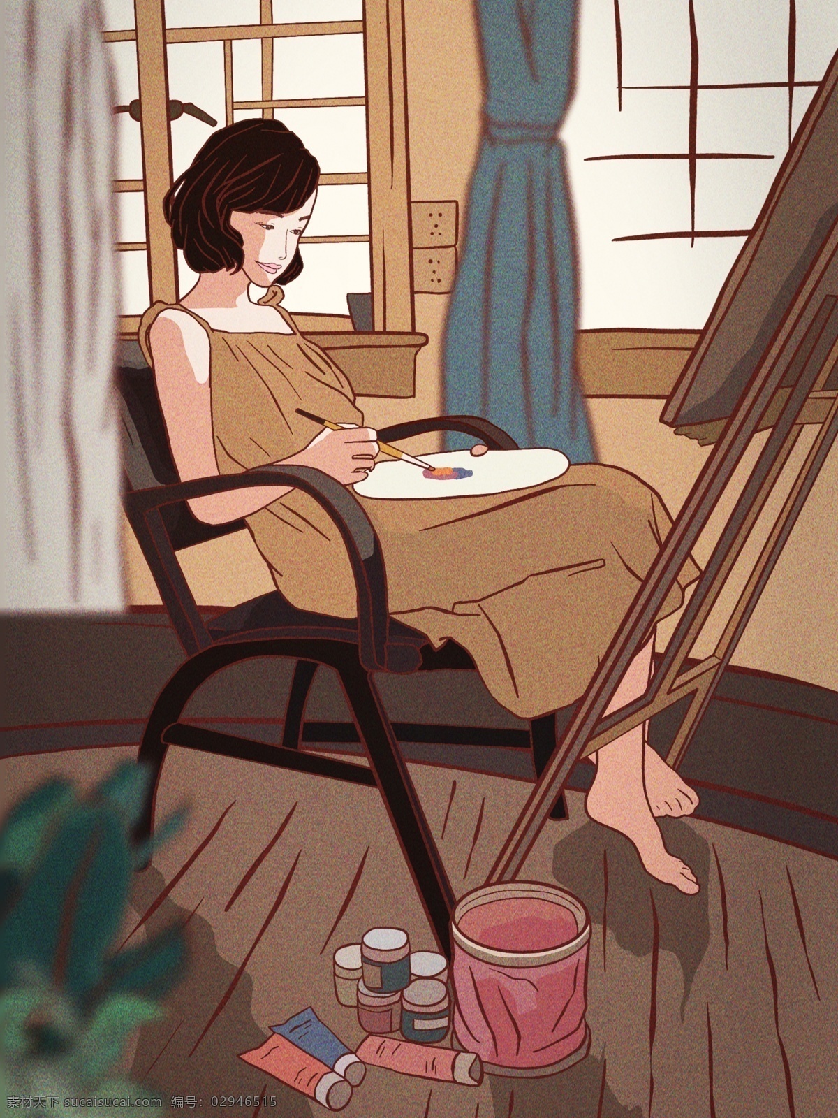 五月 你好 之美 女画家 在家 画 水彩 精心 画画 五月你好 夏天 夏天你好 吊带 画水彩 水粉 艺术 陶冶情操 悠闲 午后 画板 画具 水桶 颜料 窗帘 盆栽 小清新 唯美 治愈 手机壁纸