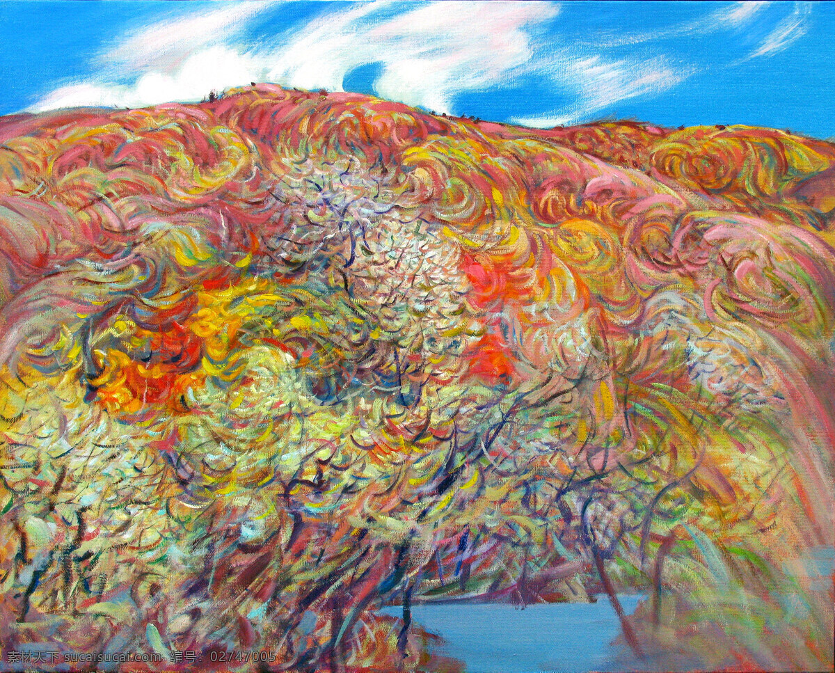 风景 绘画书法 美术 山岭 树木 文化艺术 溪水 艳秋 油画设计素材 油画模板下载 油画 秋山