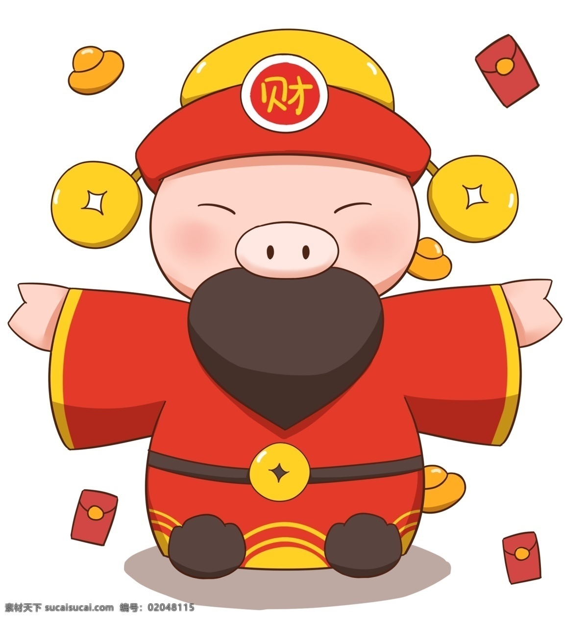 手绘 新年 猪年 卡通 财神爷 春节 卡通财神爷 财神猪 财源滚滚 红色黄色 元宝 红包 发财