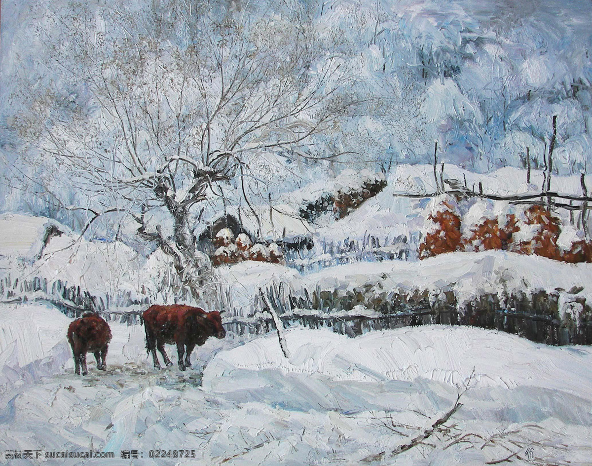 白雪 彩色 动物 风景 风景油画 绘画 绘画书法 景色 油画 油画风景 色彩 艺术 朦胧油画 朦胧画 油画作品 大师作品 当代 艺术家 作品 艺术家作品 景色油画 雪地 牛 栅栏 树木 植物 文化艺术 家居装饰素材