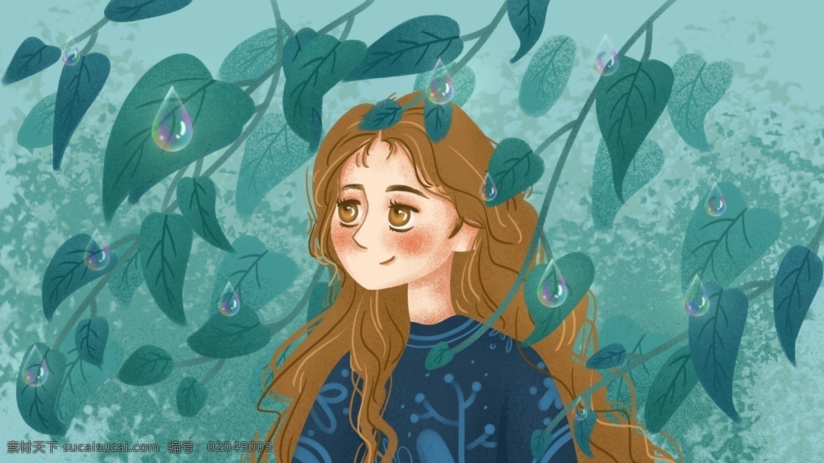清新 白露 节气 绿色 女孩 原创 插画 海报 叶子 树叶 24节气 二十四节气 植物 露珠 可爱 插图 配图 公众号配图 微博配图