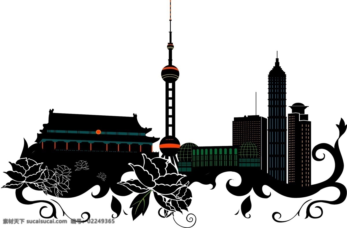 插图免费下载 插画 高楼大厦 故宫 花朵 天安门 圆形 北京塔 避雷针 矢量图 建筑家居