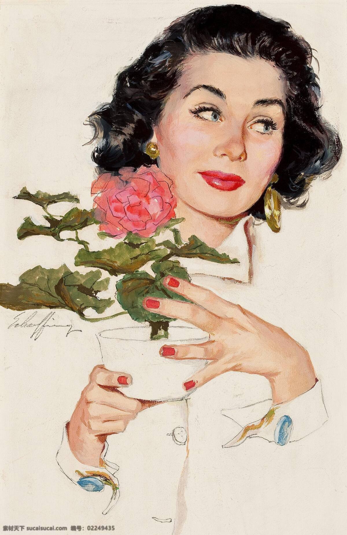 插画设计素材 复古美女 绘画 绘画书法 美女招贴画 欧美美女 盆栽 人物 欧美 复古 招贴画 设计素材 模板下载 复古欧美美女 文化艺术 插画集