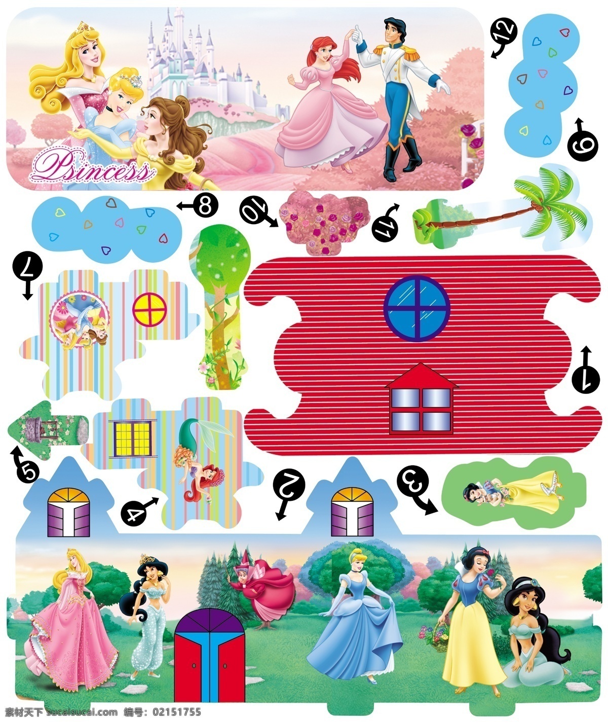 公主拼图 迪士尼 公主 白雪公主 睡美人 灰姑娘 印度公主 美女与野兽 王子 公主裙 拼图 广告设计模板 源文件