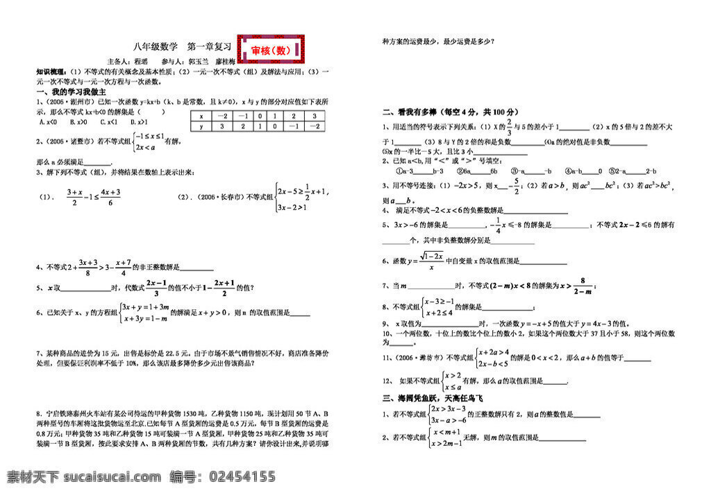 数学 八 年级 下 章 一元 次 不等式 组 复习 导 学 稿 八年级下 北师大版 学案