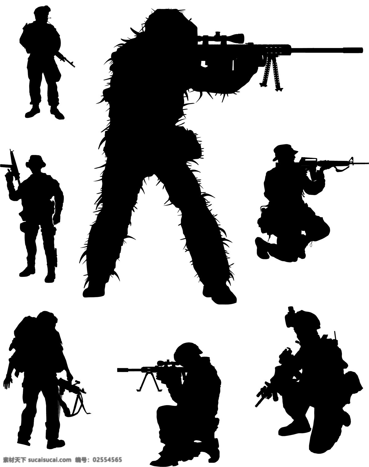 士兵剪影 战士 人物轮廓 冲锋枪 武器 狙击手 狙击枪 特种兵 矢量 人物图库 职业人物