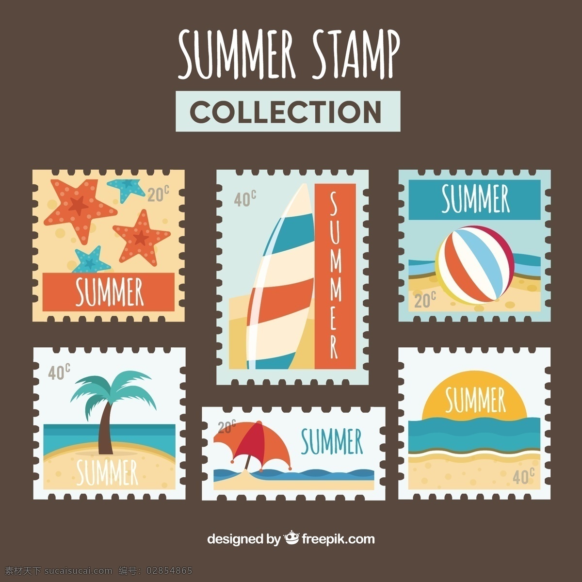 各种 彩色 夏季 主题 邮票 夏季主题