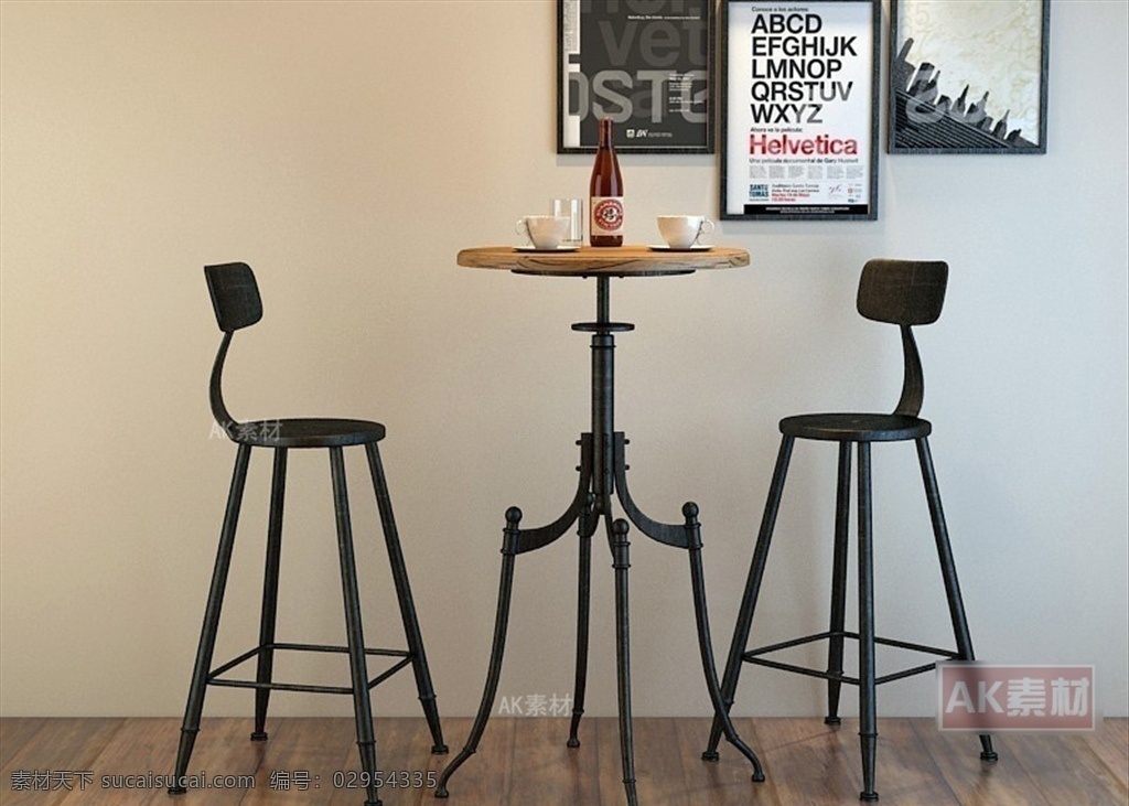 吧台吧椅组合 抽象画 挂画 家具模型 陈设品 loft风格 工业风模型 3d设计 室内模型 max