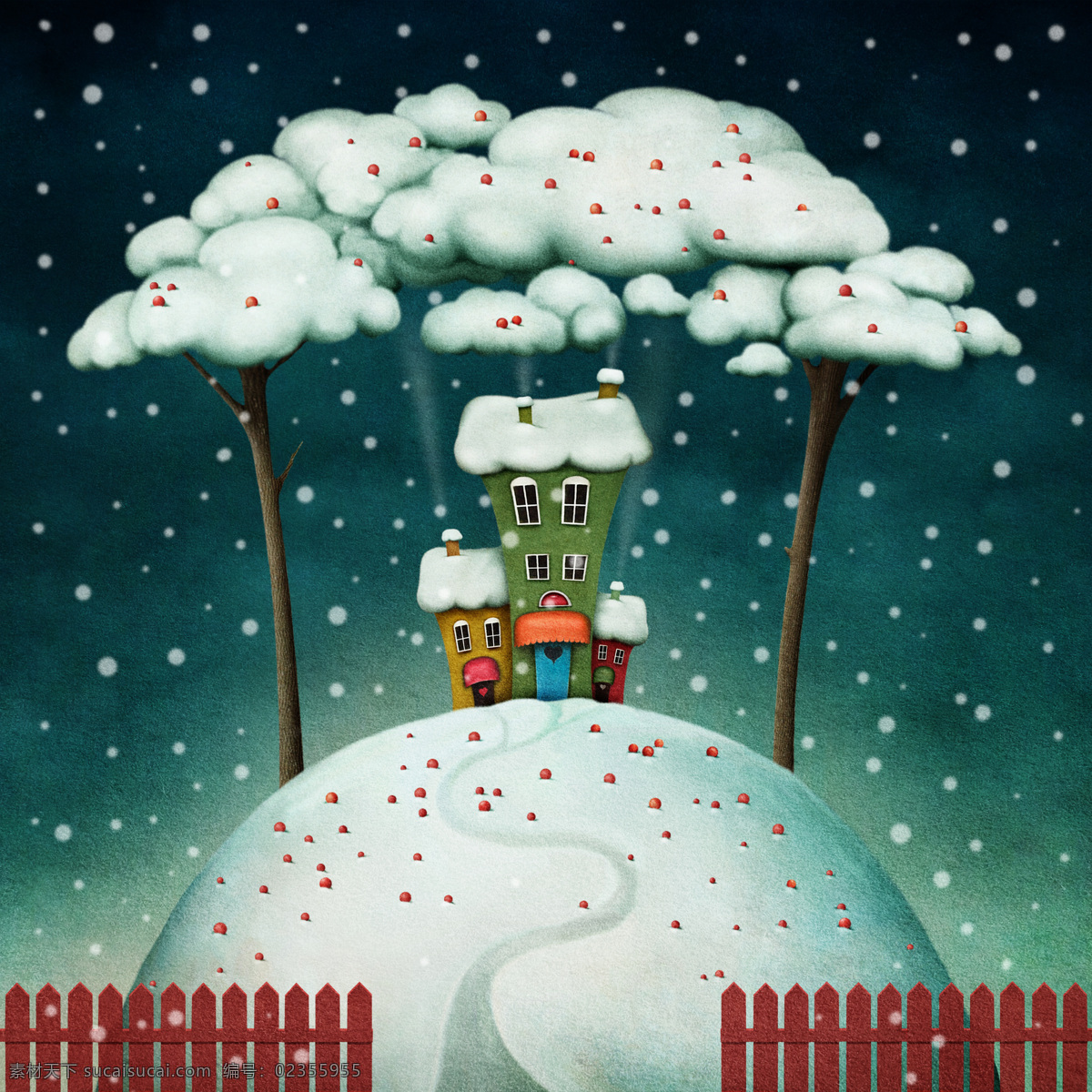 地球 上 房子 围栏 雪球 雪堆 卡通插画 圣诞节 地球图片 环境家居