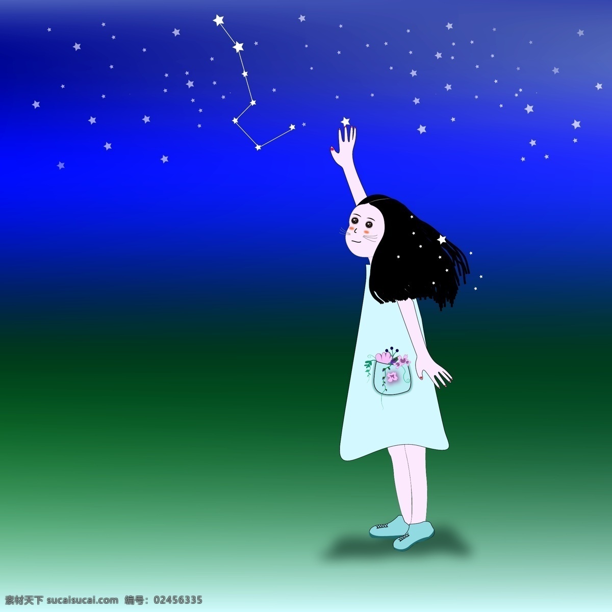 卡通 猫 女孩 插画 图案 北斗七星 卡通人物 星空 追逐梦想