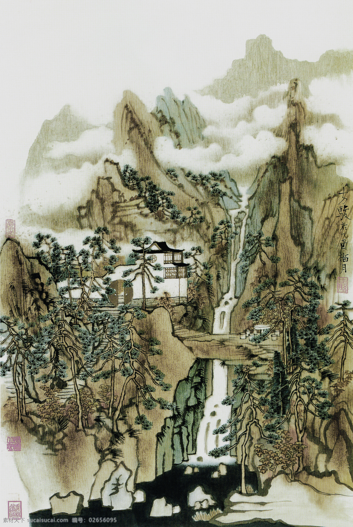 传统画 房屋 绘画 绘画书法 流水 毛笔字 山峰 亭阁 小桥 小河 小船 水波 树林 云雾 艺术 印章 文化艺术 装饰素材 雕刻 图案