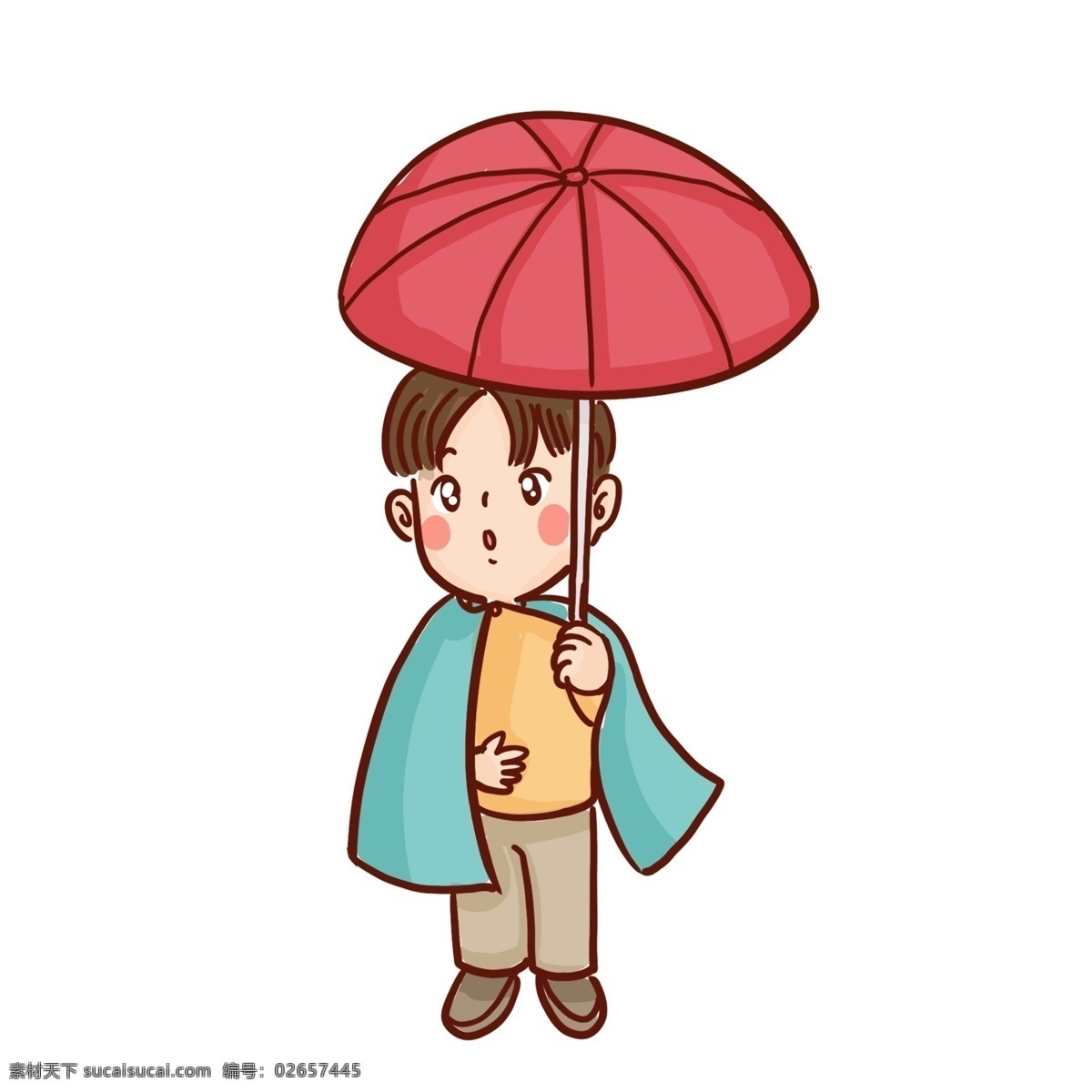 卡通 可爱 穿着 雨衣 撑 雨伞 小 男孩 手绘 漫画 插画 男生