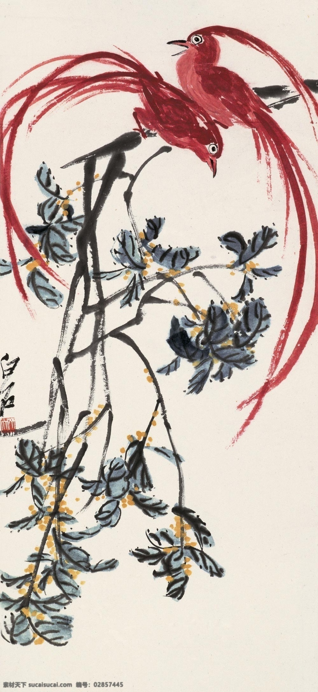 齐白石双寿图 齐白石 双寿图 绶带鸟 中国画 写意花鸟 绘画书法 文化艺术 白色