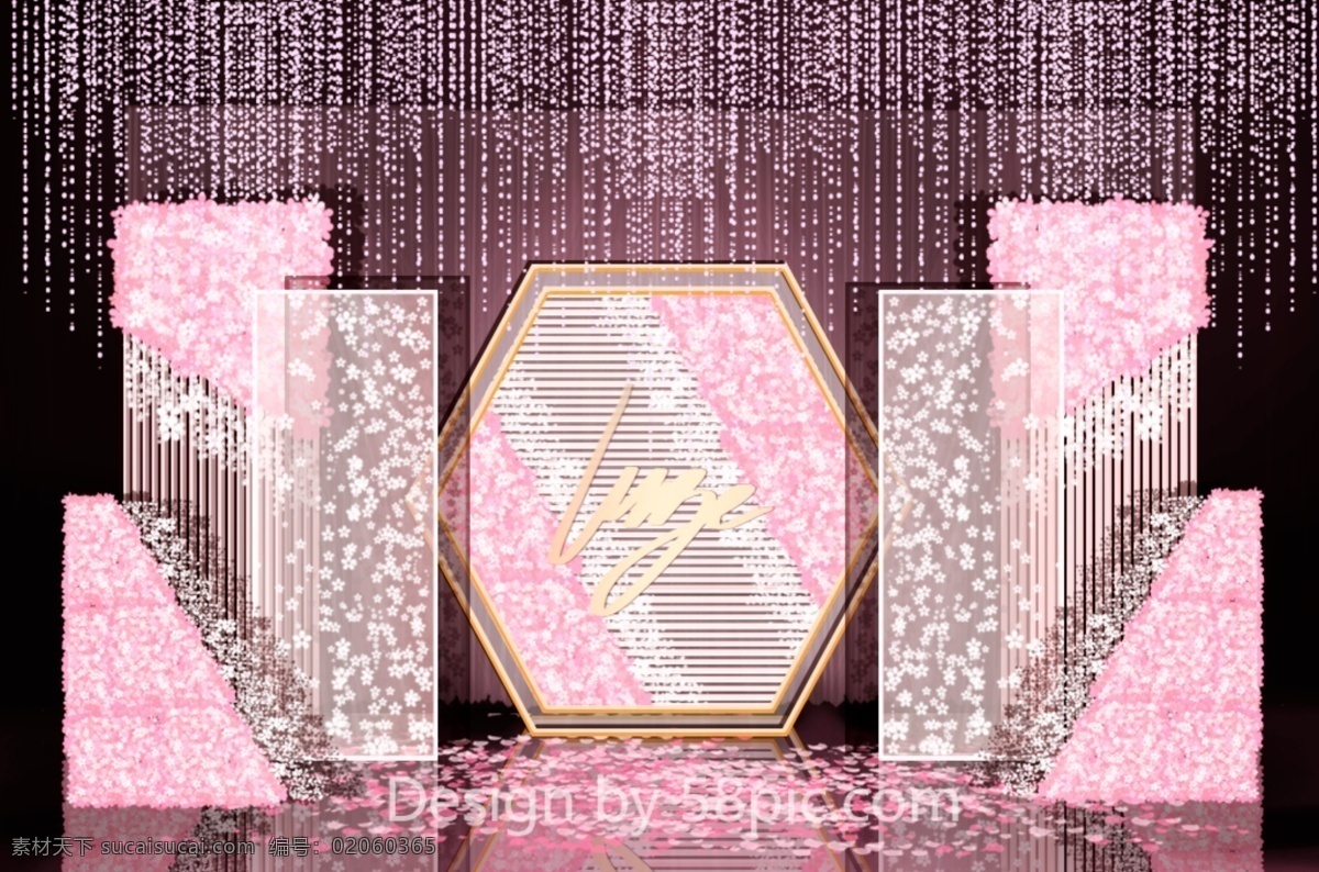 粉色 浪漫婚礼 效果图 简约 几何 屏风 丝带 花瓣 花墙 婚礼迎宾区